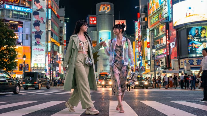 Emily and Erika, the Aoki Sisters, wearing spring outfits at night in Shibuya, Tokyo, Japan.